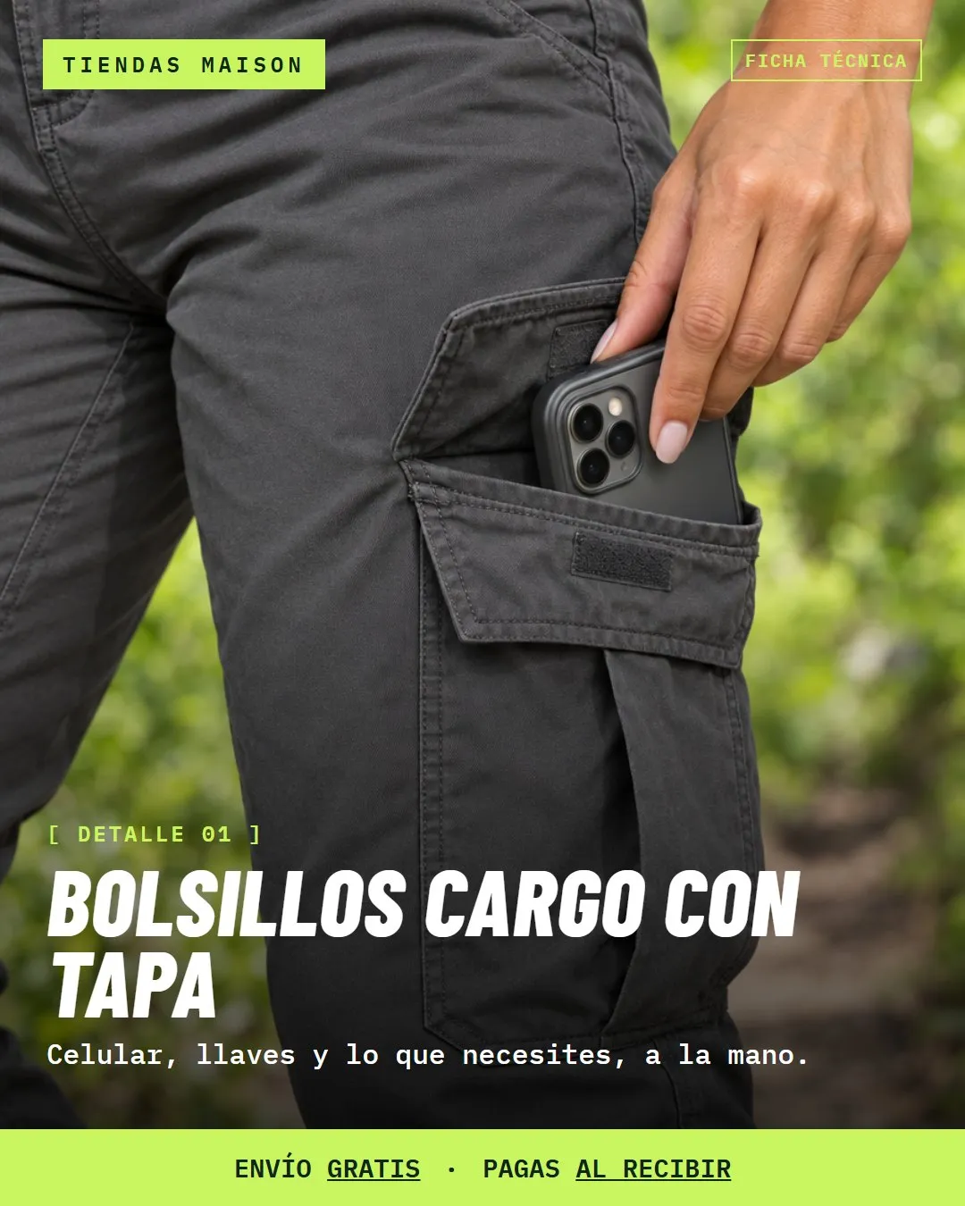 Bolsillos cargo con tapa: celular, llaves y lo que necesites, a la mano.