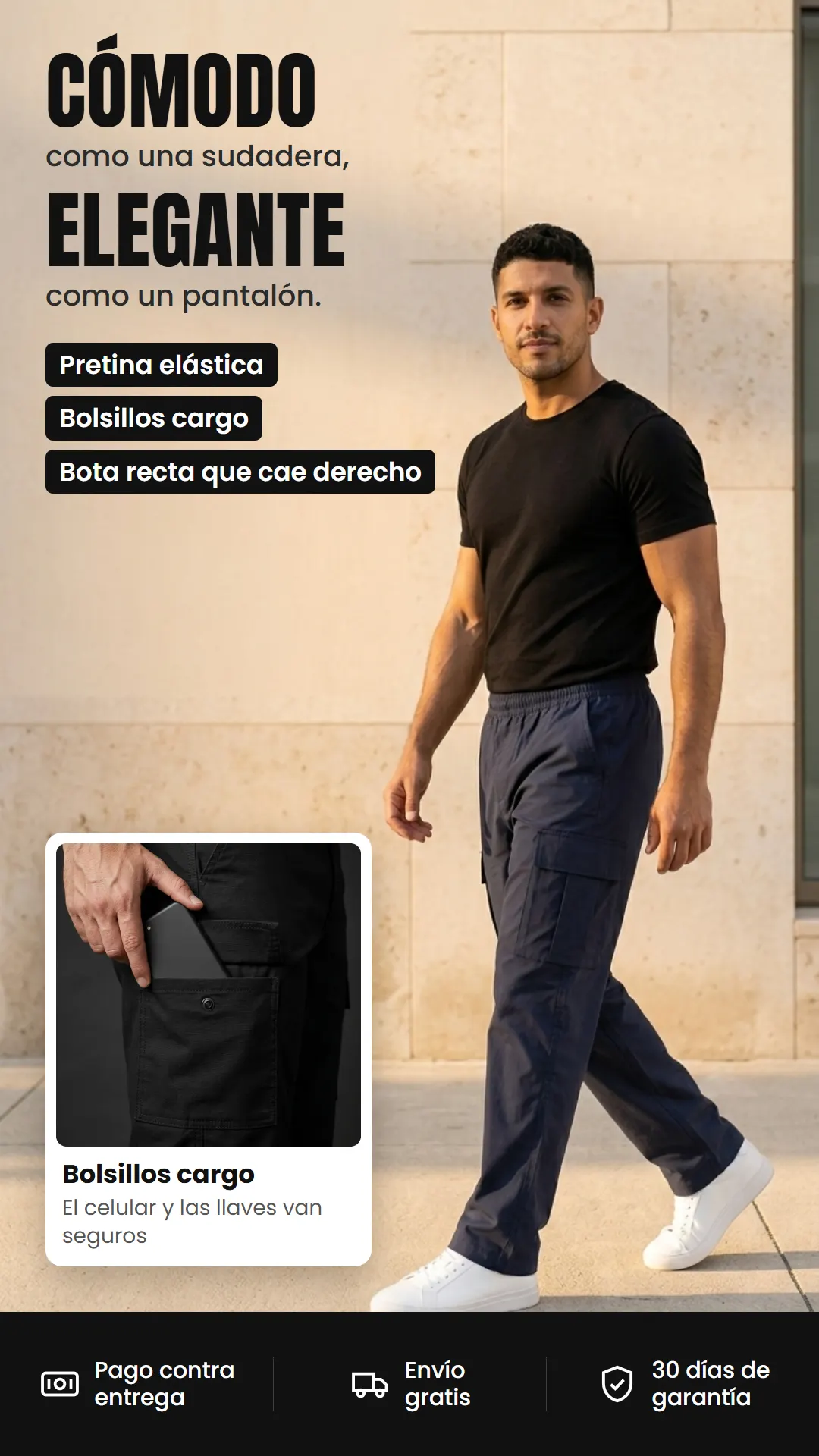 Cómodo como una sudadera, elegante como un pantalón: pretina elástica, bolsillos cargo y bota recta. Pago contra entrega, envío gratis y 30 días de garantía.